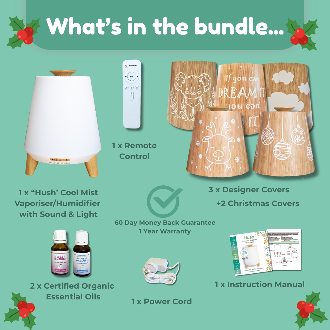 Hush Vaporiser Kit with 2 Essential Oils + 2 Bonus Xmas Covers